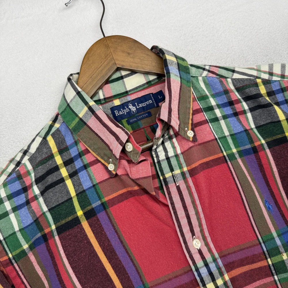 Vintage Ralph Lauren Flannel Shirt Shirt Mens Large Red Multicolor Oxford 90s